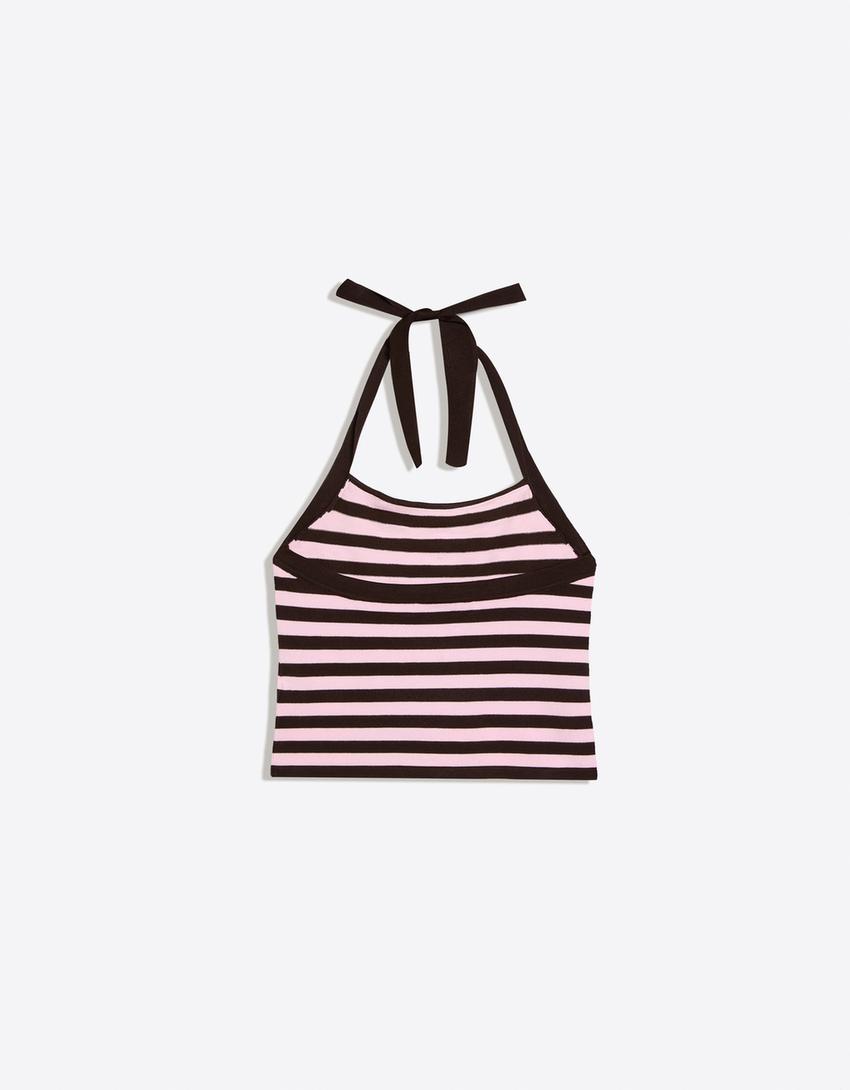 Top encolure américaine en maille-Rose