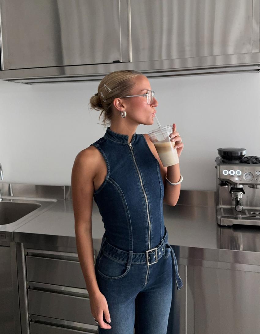 Flared denim jumpsuit-Blauw