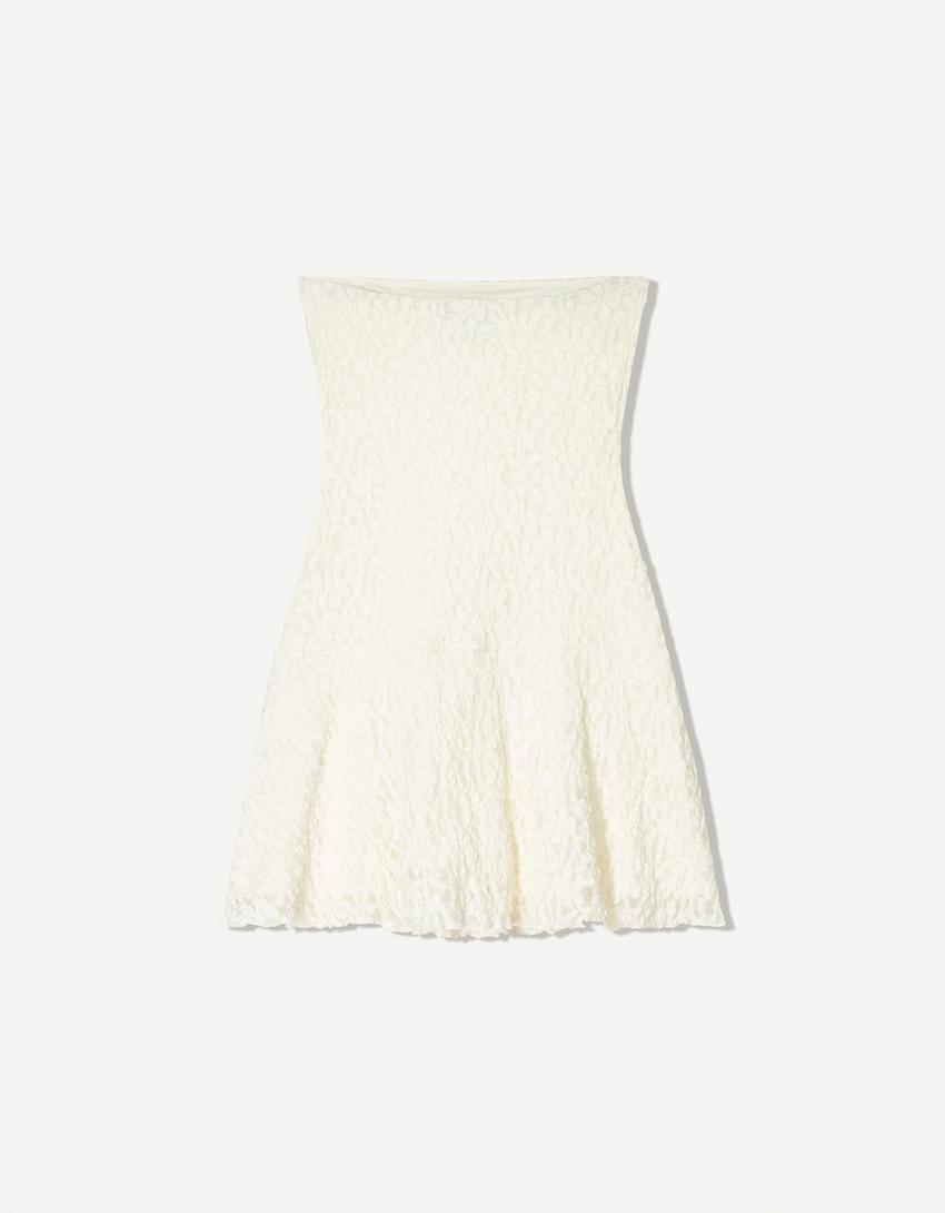 Lace mini dress with bandeau neckline-Cream