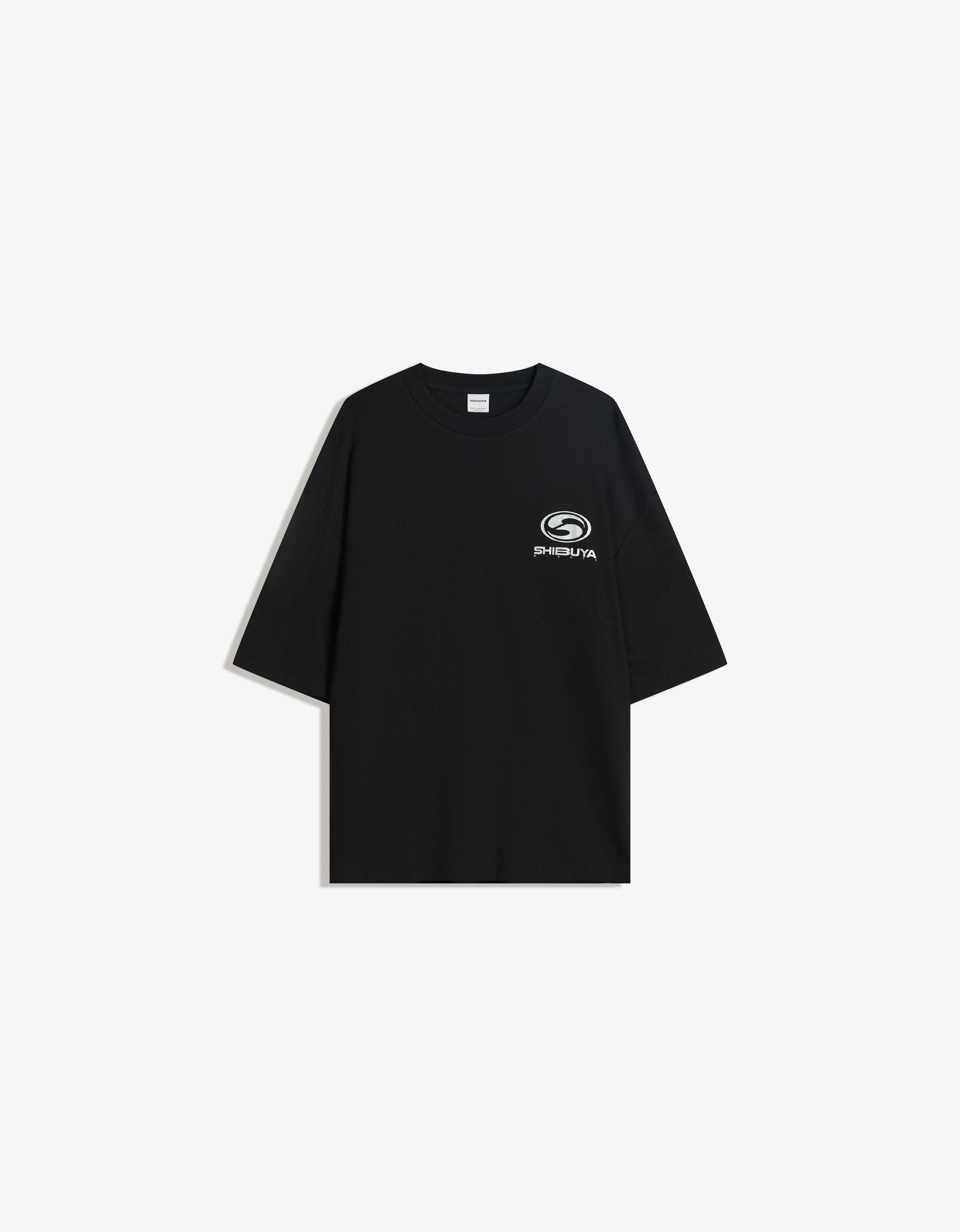 Bershka Boxy T-Shirt Mit Kurzen Ärmeln Und Print Herren M Schwarz