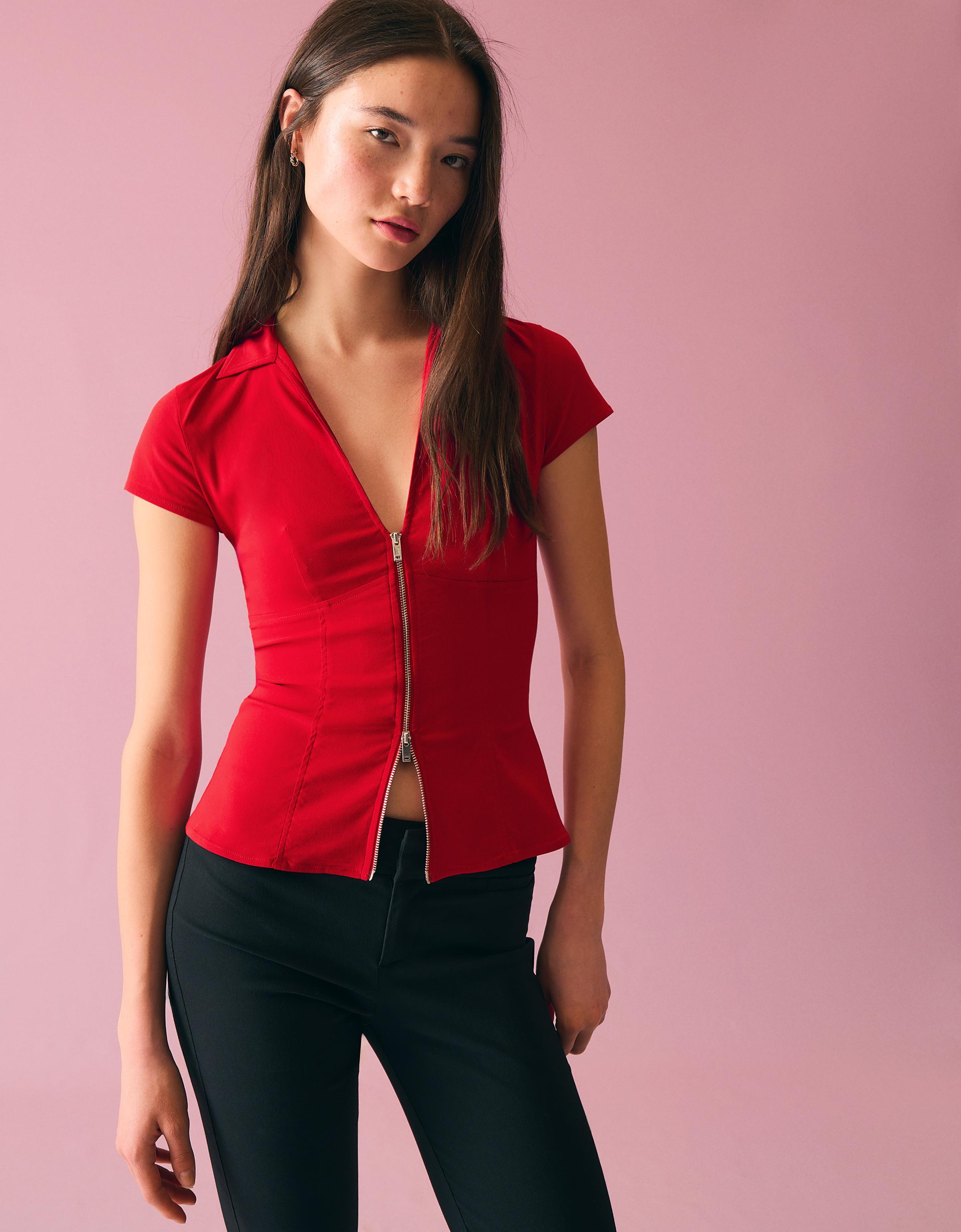 Bershka Kurzarmhemd Mit Reißverschluss Und Print Damen Xs Rot