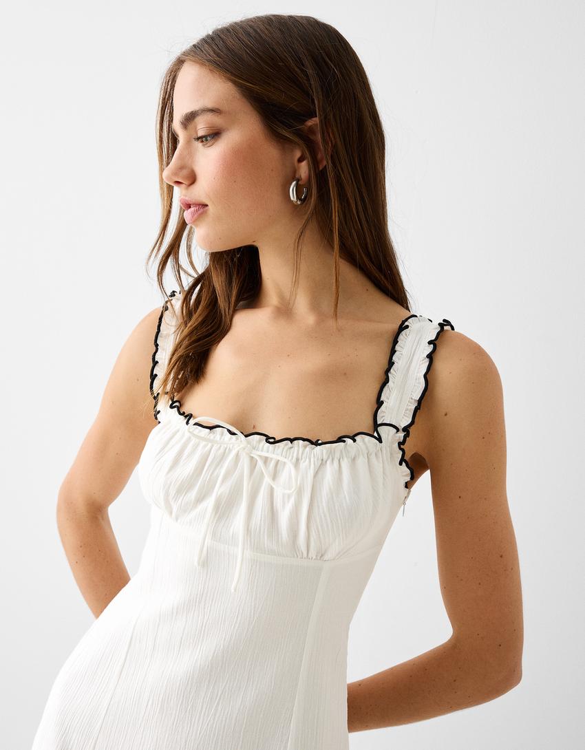 فستان قصير بكشكش وتأثير مجعد-أبيض مطفي-3