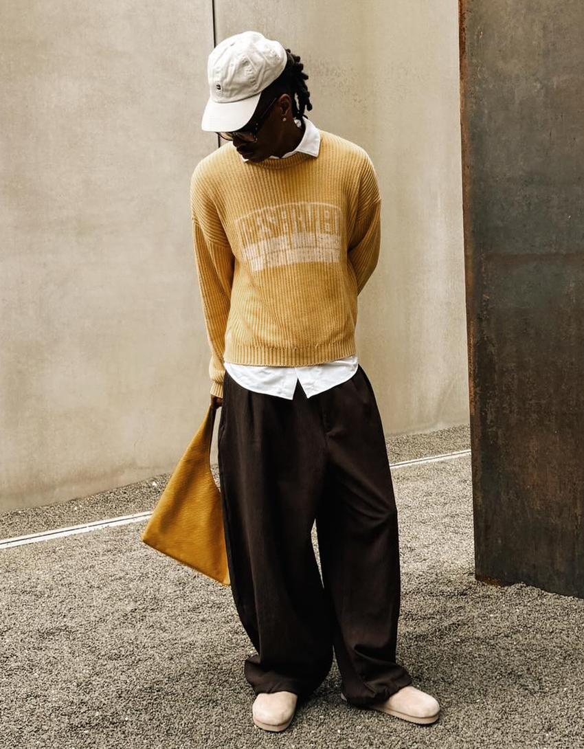 Printed boxy fit crew neck sweater-Yellow