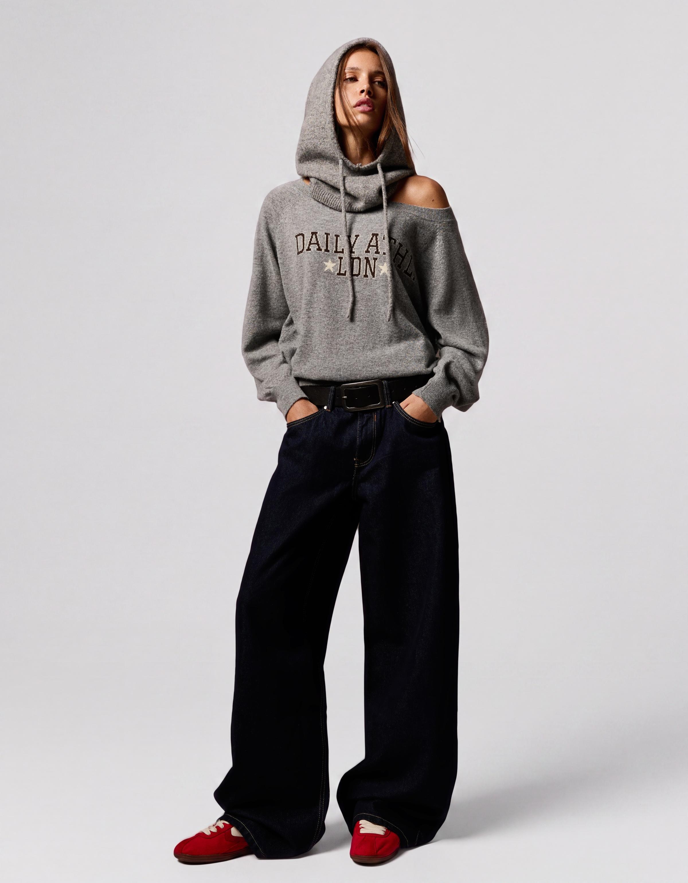 Graphic boat neck jumper — Grey