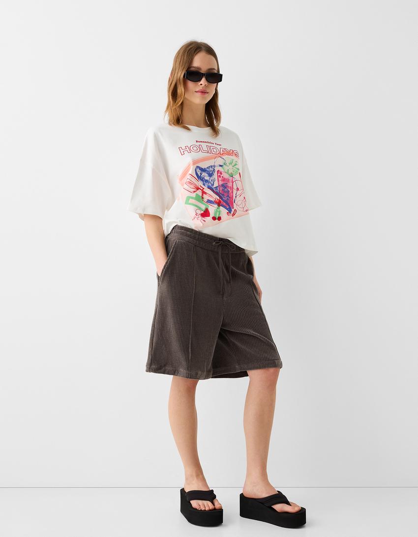 Loose fit chenille Bermuda shorts-Brown-4