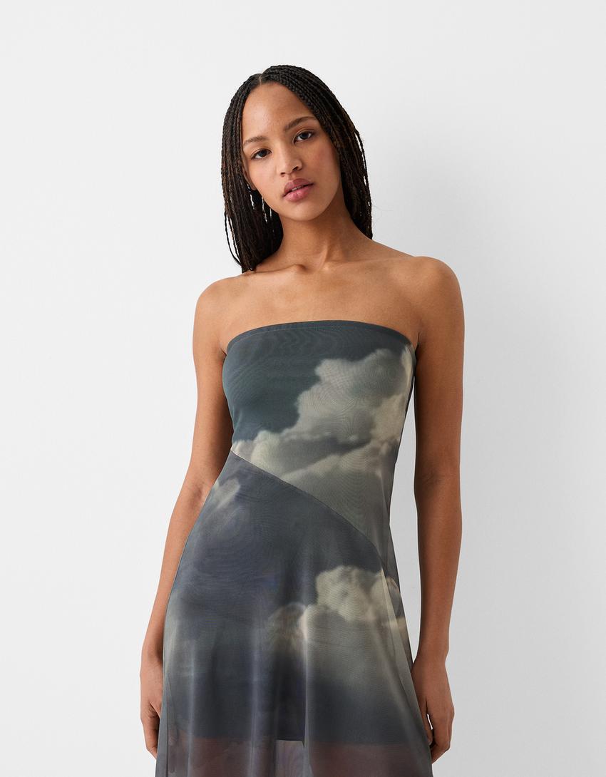 Vestido midi bandeau de tule assimétrico-Cinzento-escuro-1