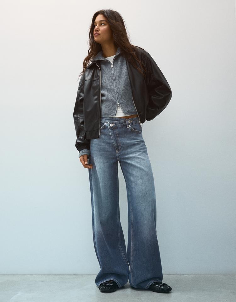 Crossover waist wide-leg jeans — Dark blue