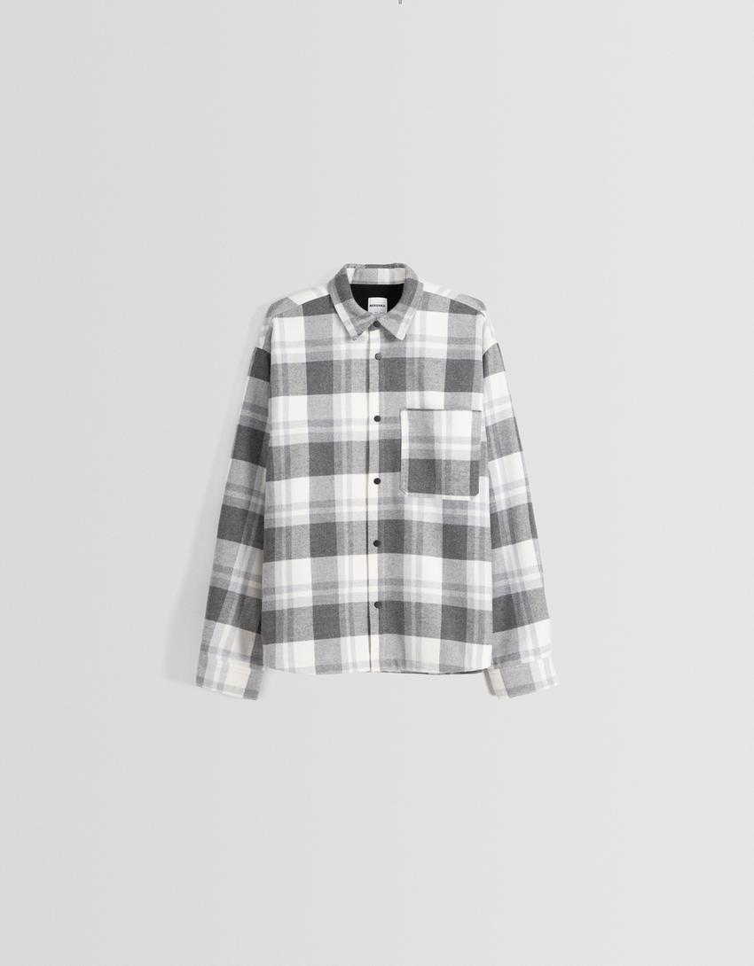 Long sleeve check fleece-lined overshirt-White / Black