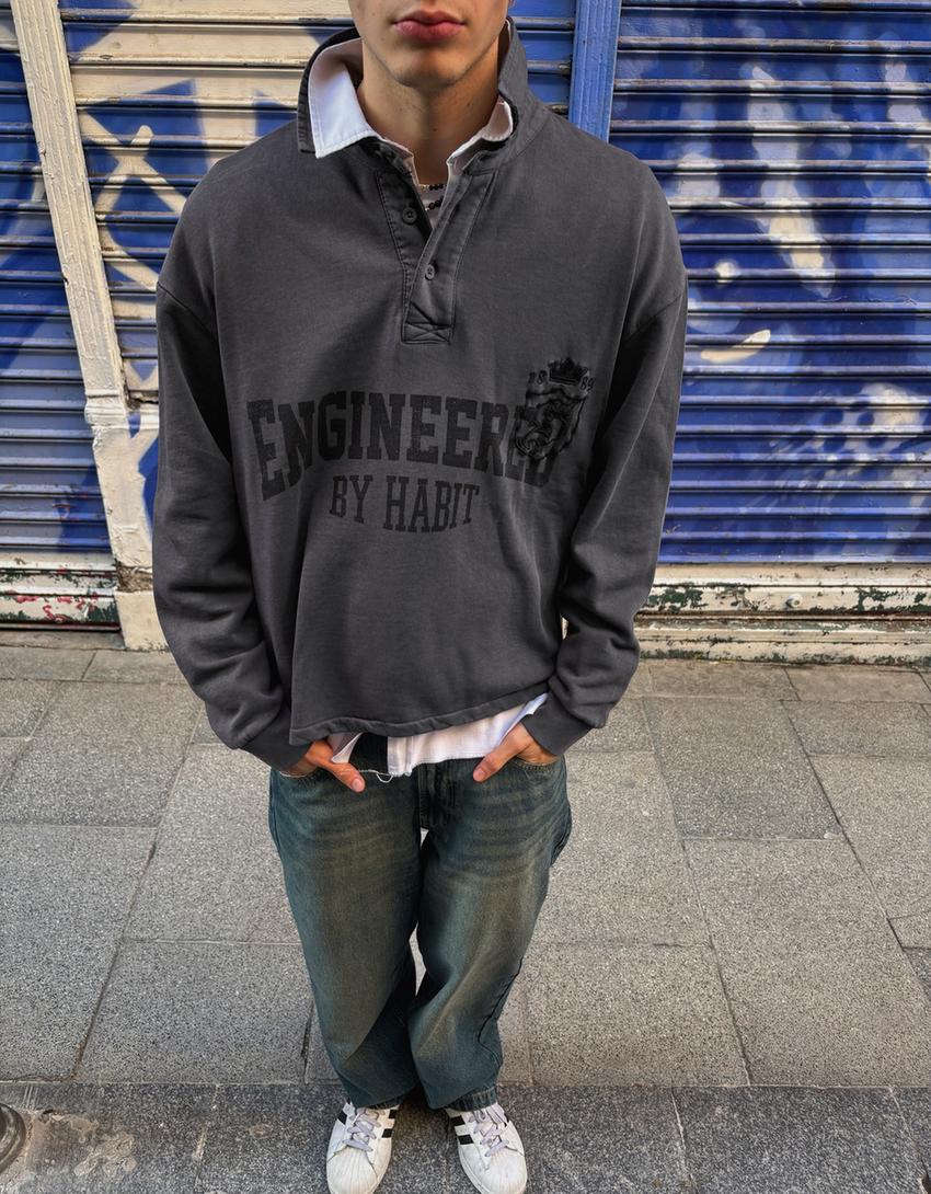 Sudadera cuello polo print-Gris