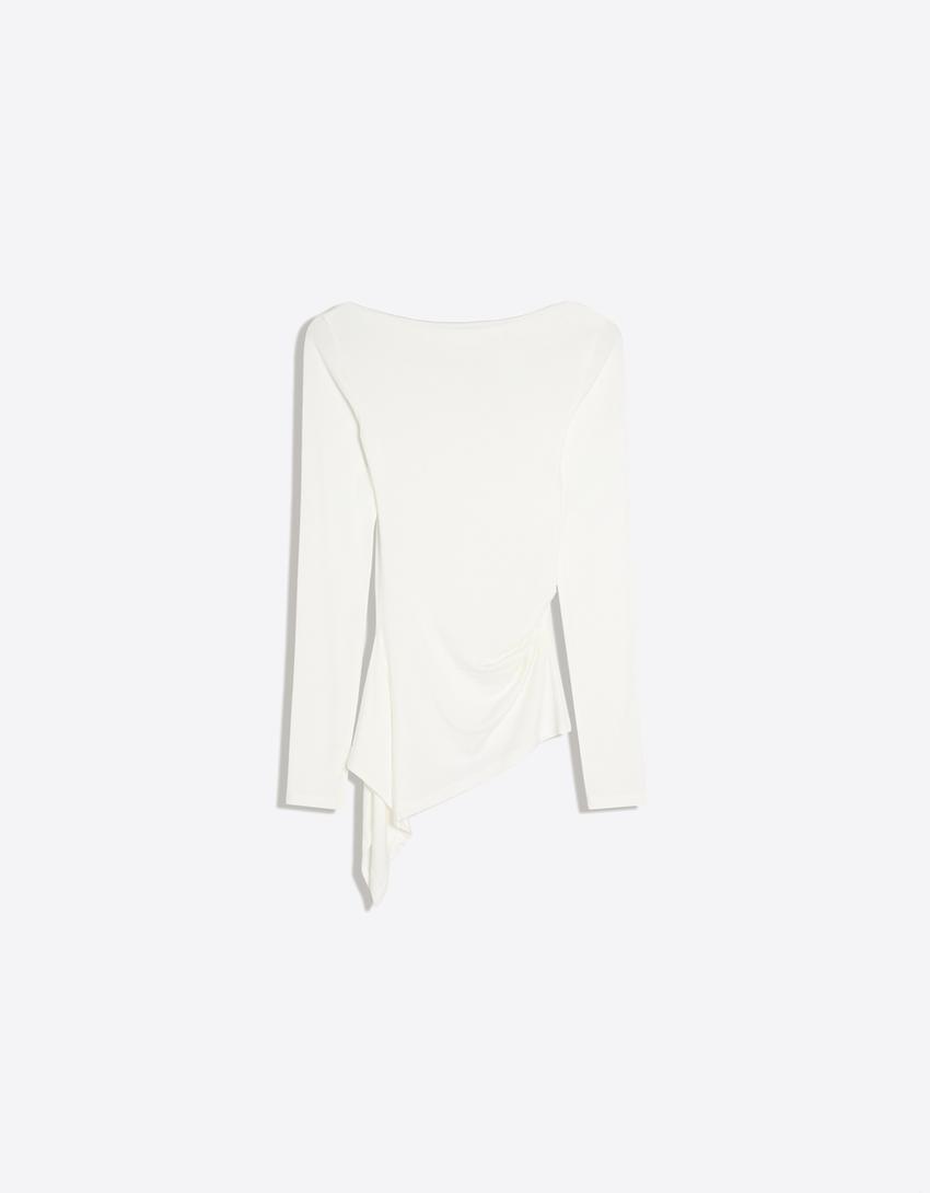 Asymmetric long sleeve ruched T-shirt-Off white