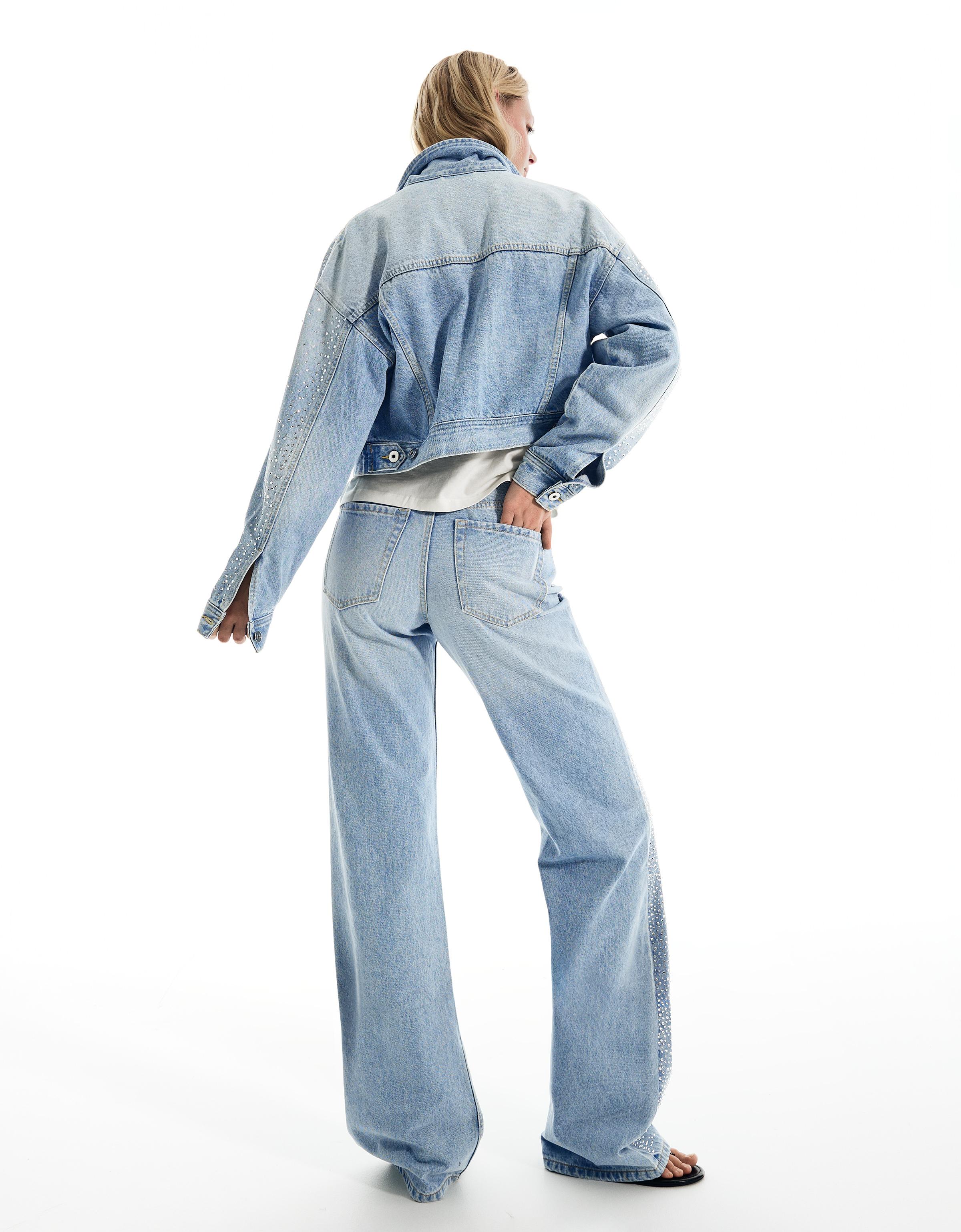 Yüksek bel straight fit geniş paça parlak jean - Görsel 3