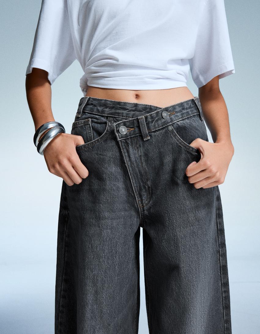 Jeans mit weitem Bein und überkreuzter Taille-Blau-0