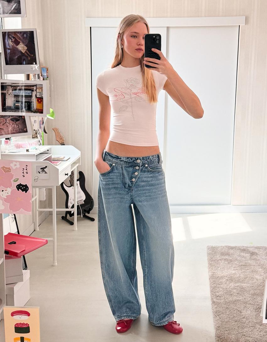 Rövid ujjú, strasszos póló-Rózsaszín