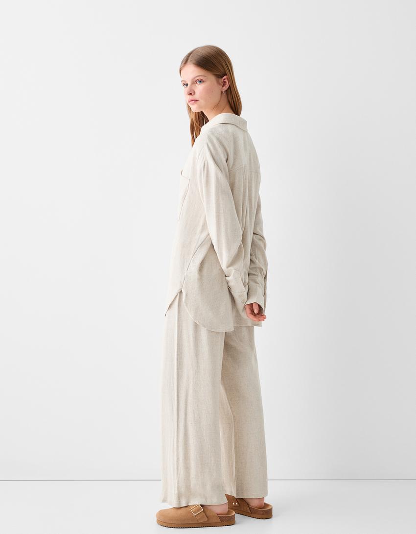 Culottes with linen and an elastic waist-Cream-2