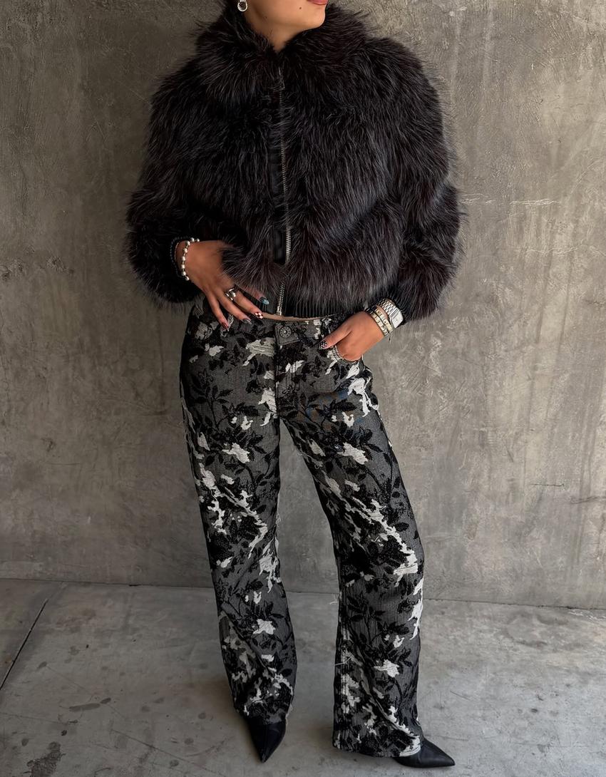 Zip-up faux fur jacket-Grey