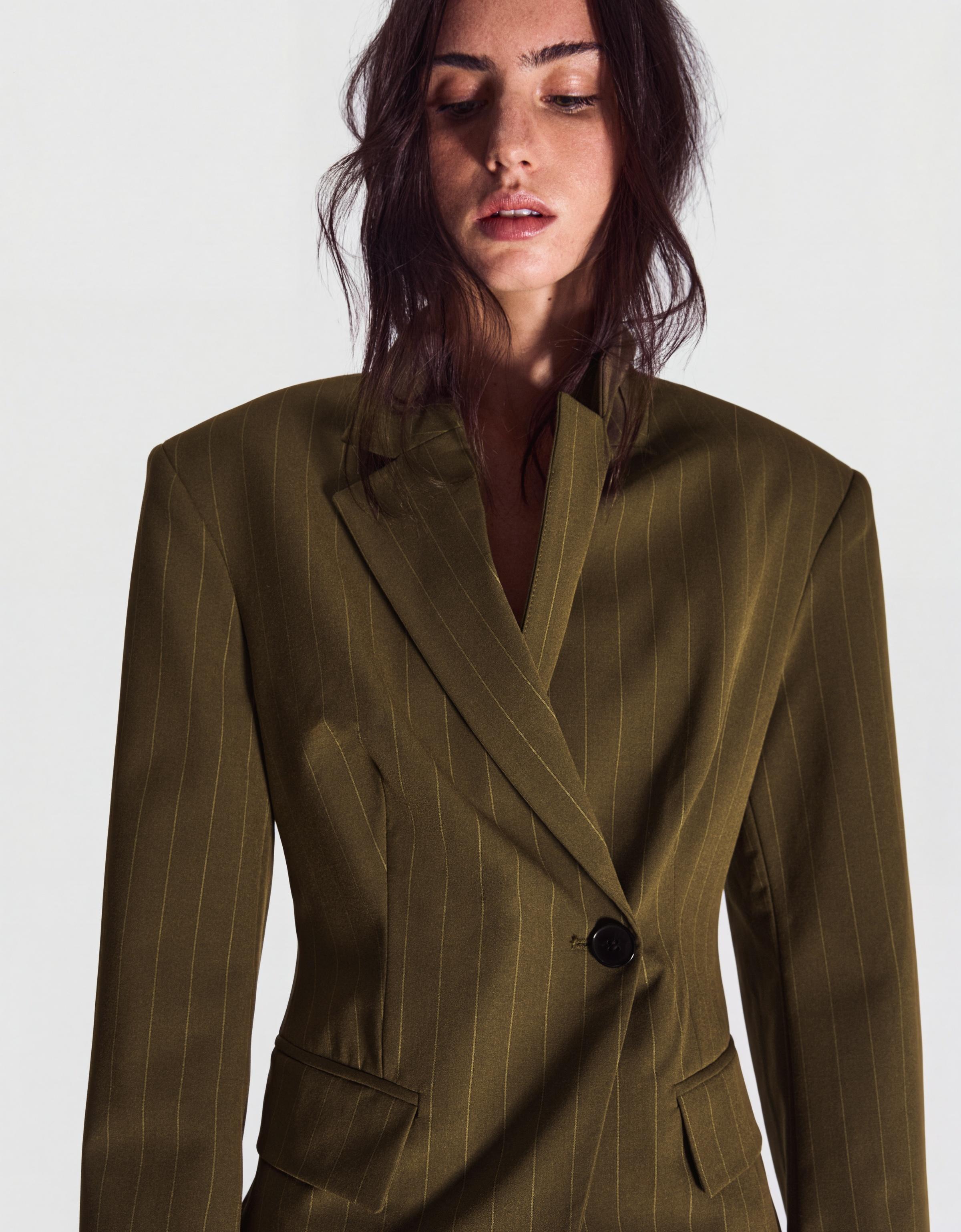 Striped double-breasted blazer — Khaki