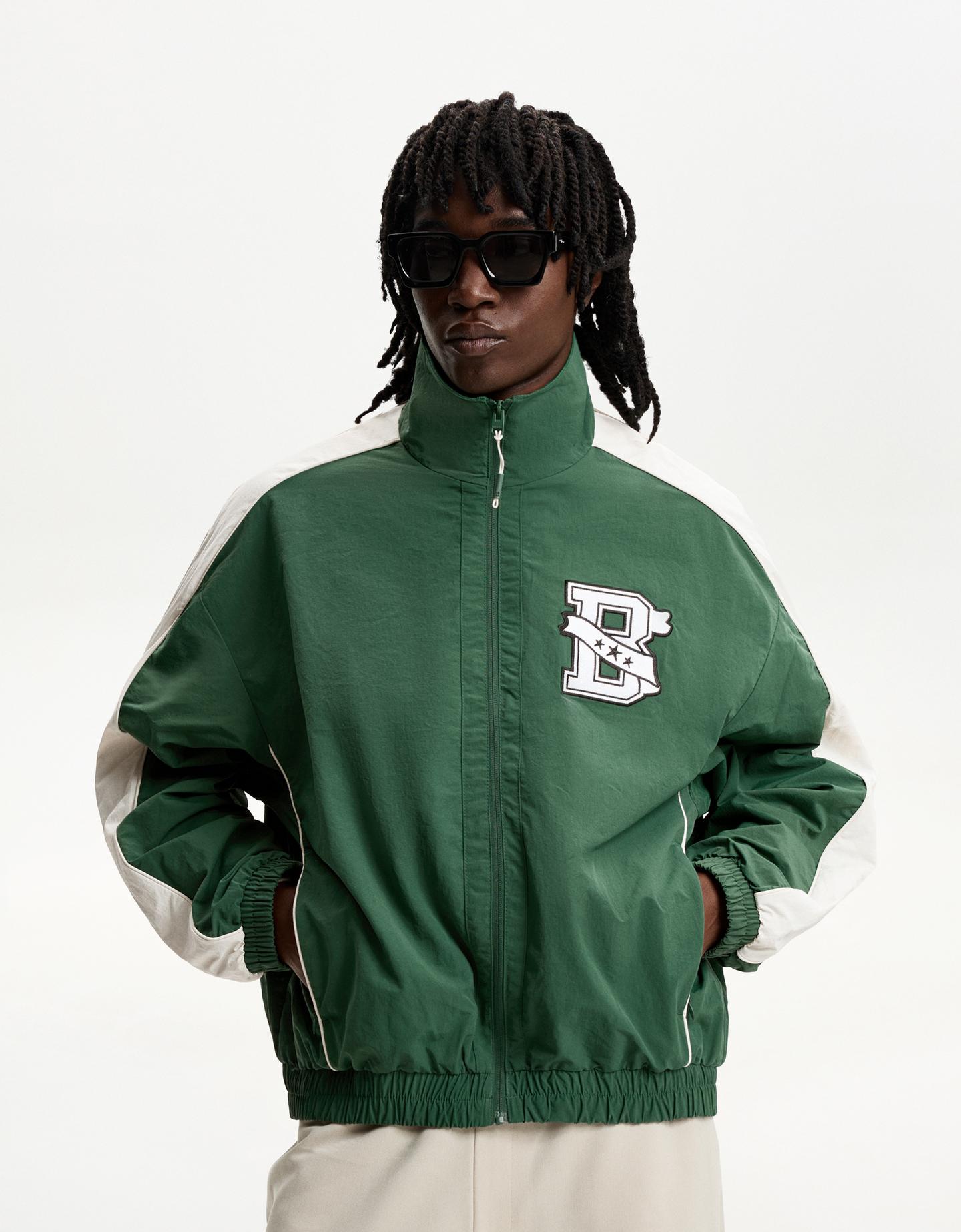 Bershka Cazadora Técnica Ligera Rib Hombre Xl Verde