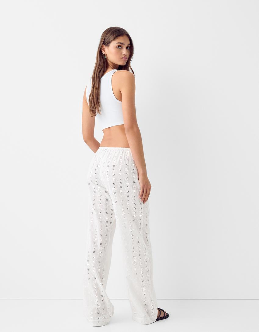 Trousers with Swiss embroidery and elasticated waist-Cream-2