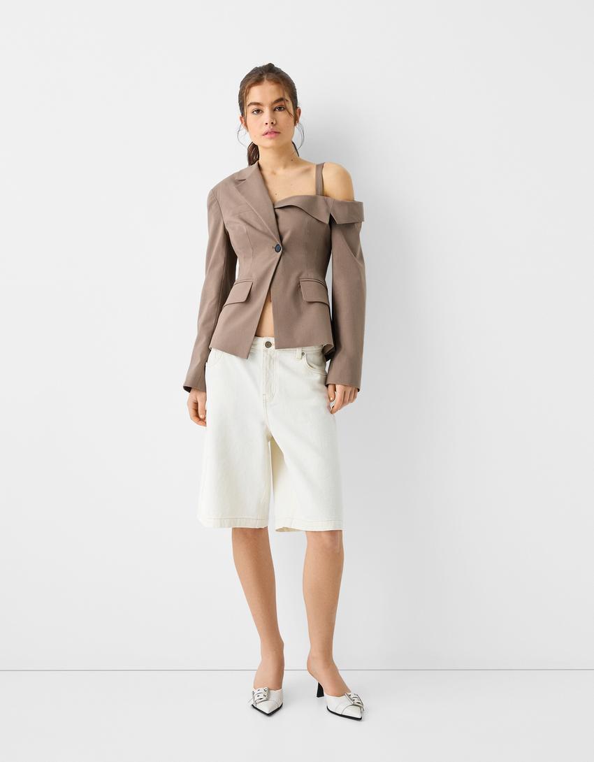 Asymmetric blazer with strap-Sand