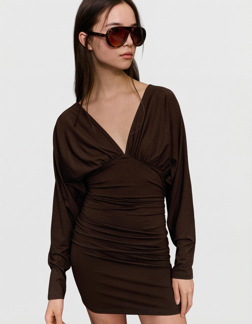 Robe mini fronces-Marron