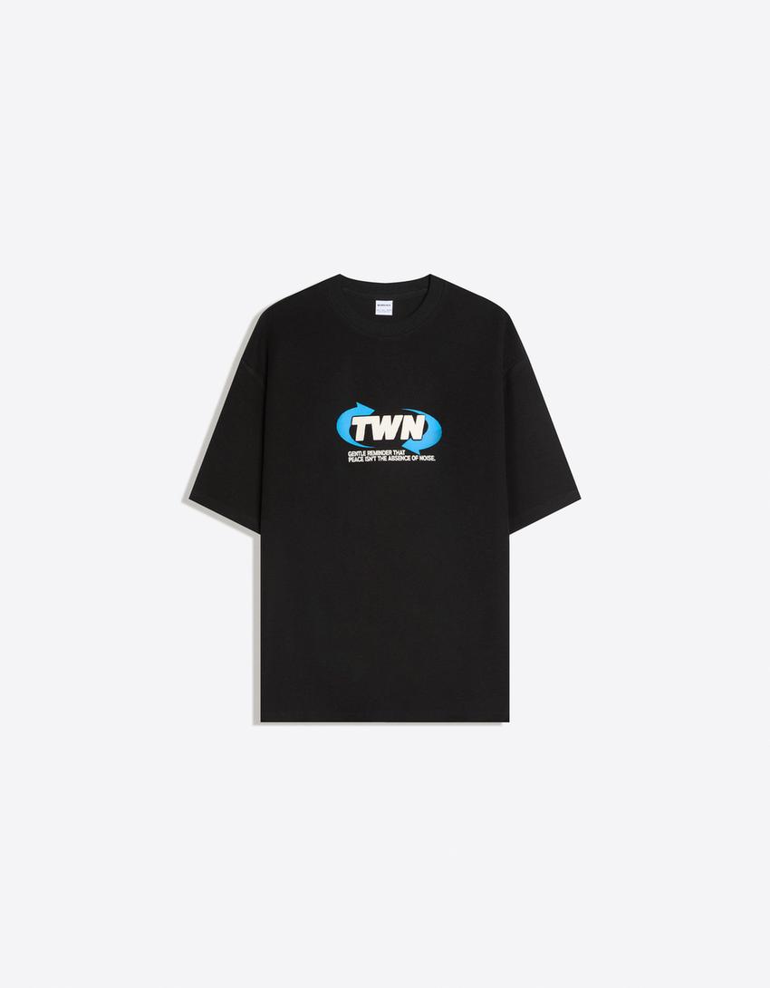 Printed short sleeve plush T-shirt-Black