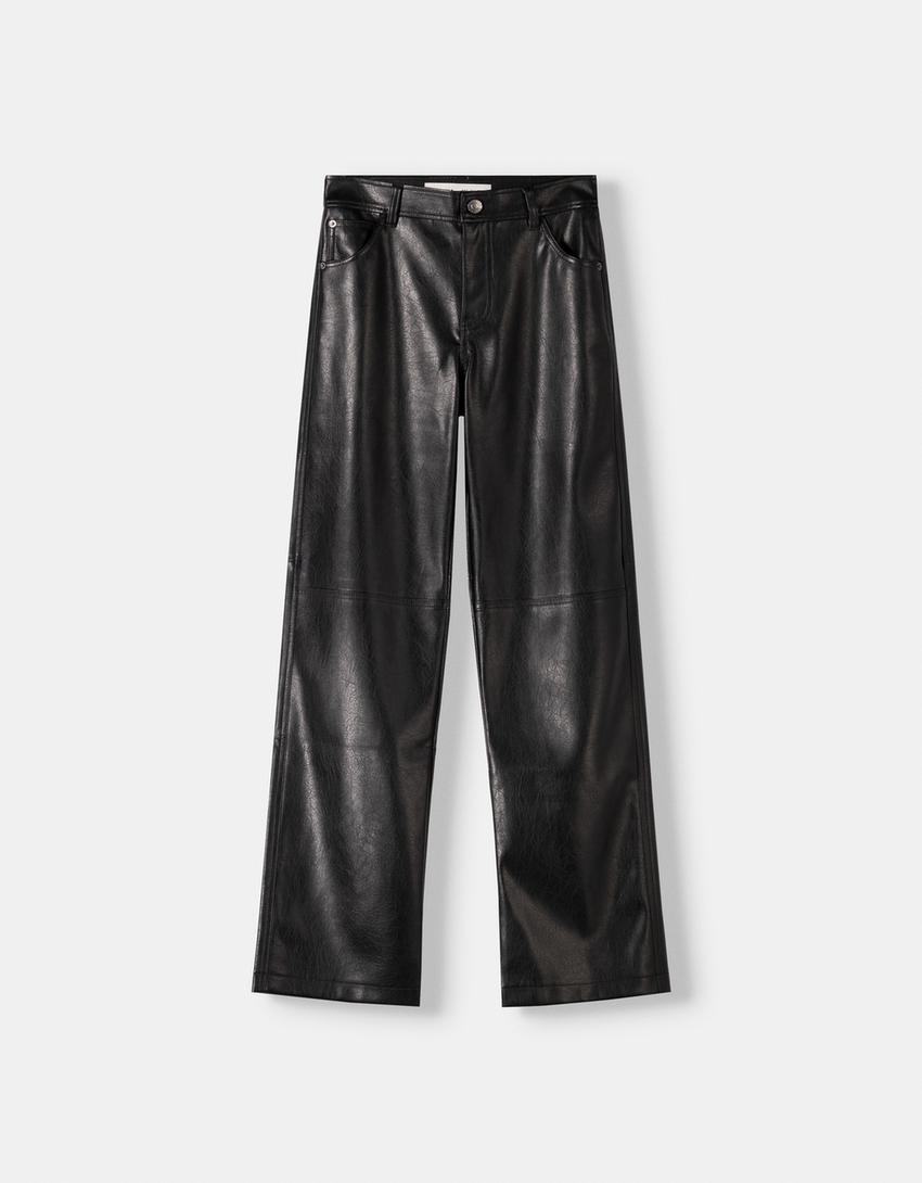 Pantalón straight efecto piel-Negro-4