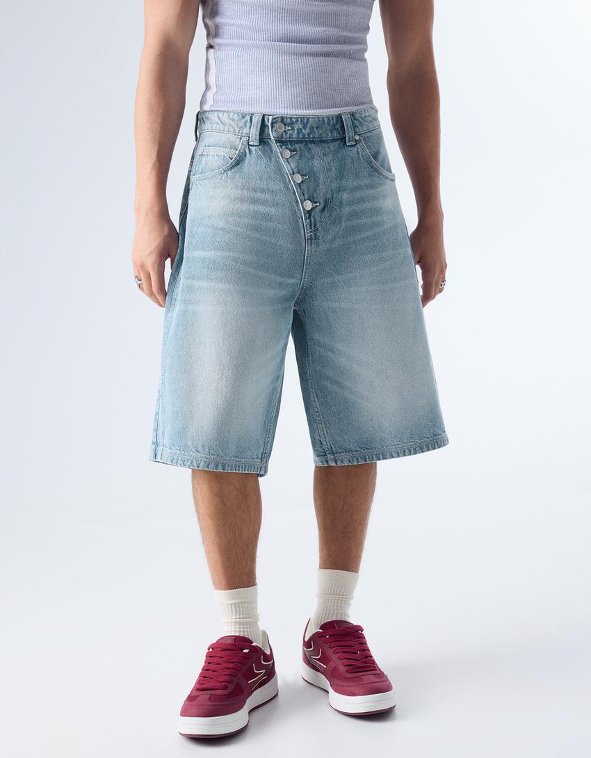 Calções bermuda barrel fit cruzados-Azul lavado