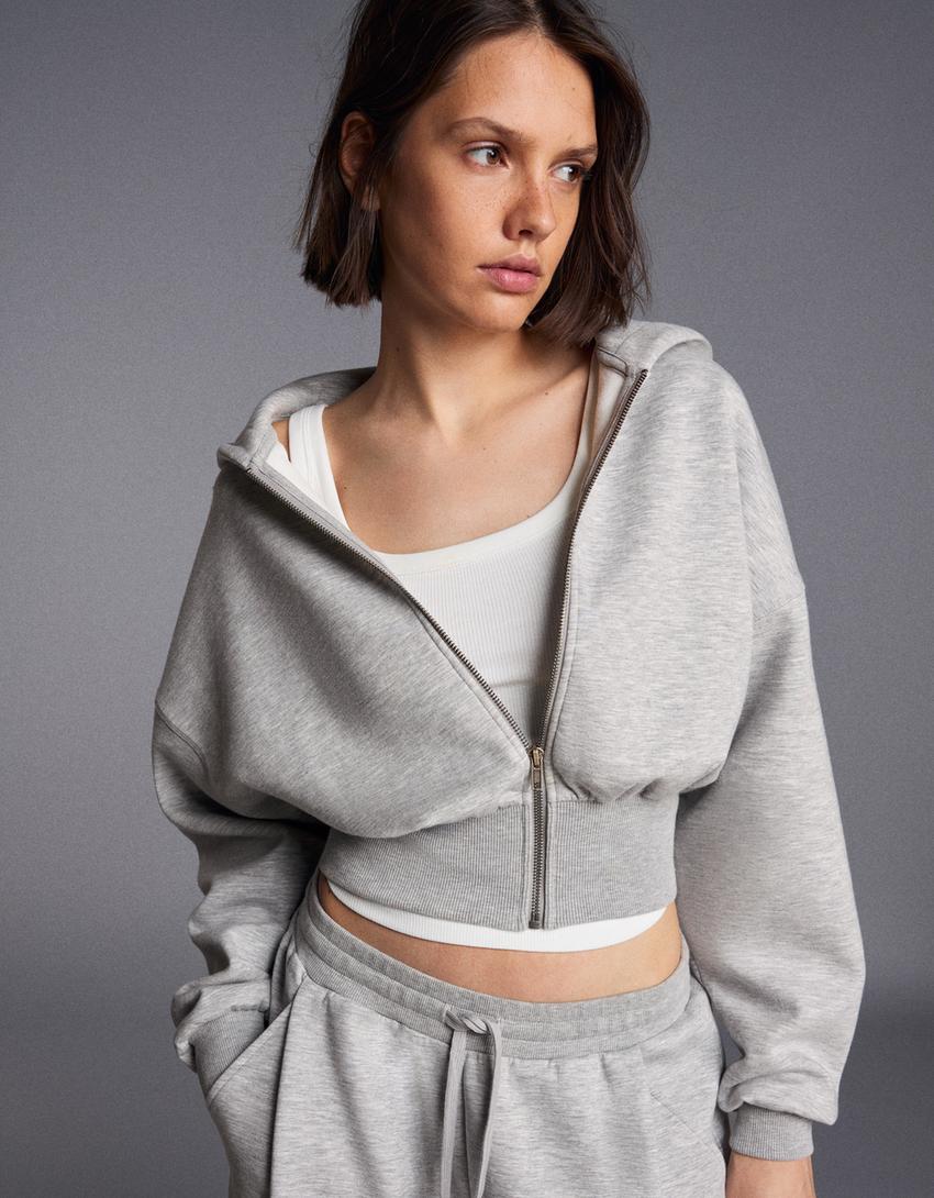 Fermuarlı kapüşonlu sweatshirt-Gri