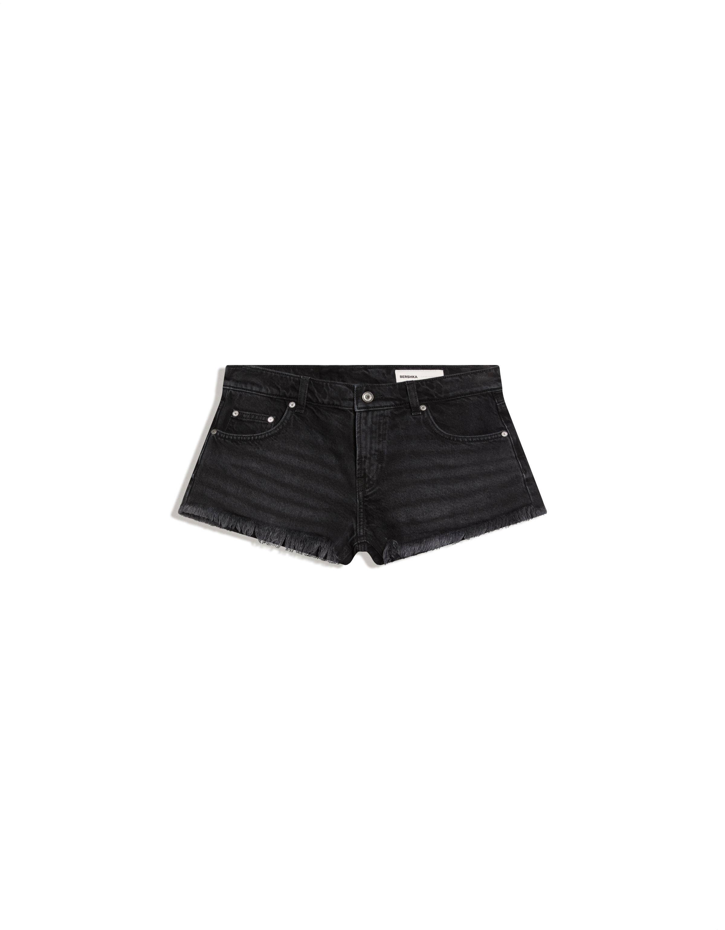 Denim mini shorts with frayed hem — Black