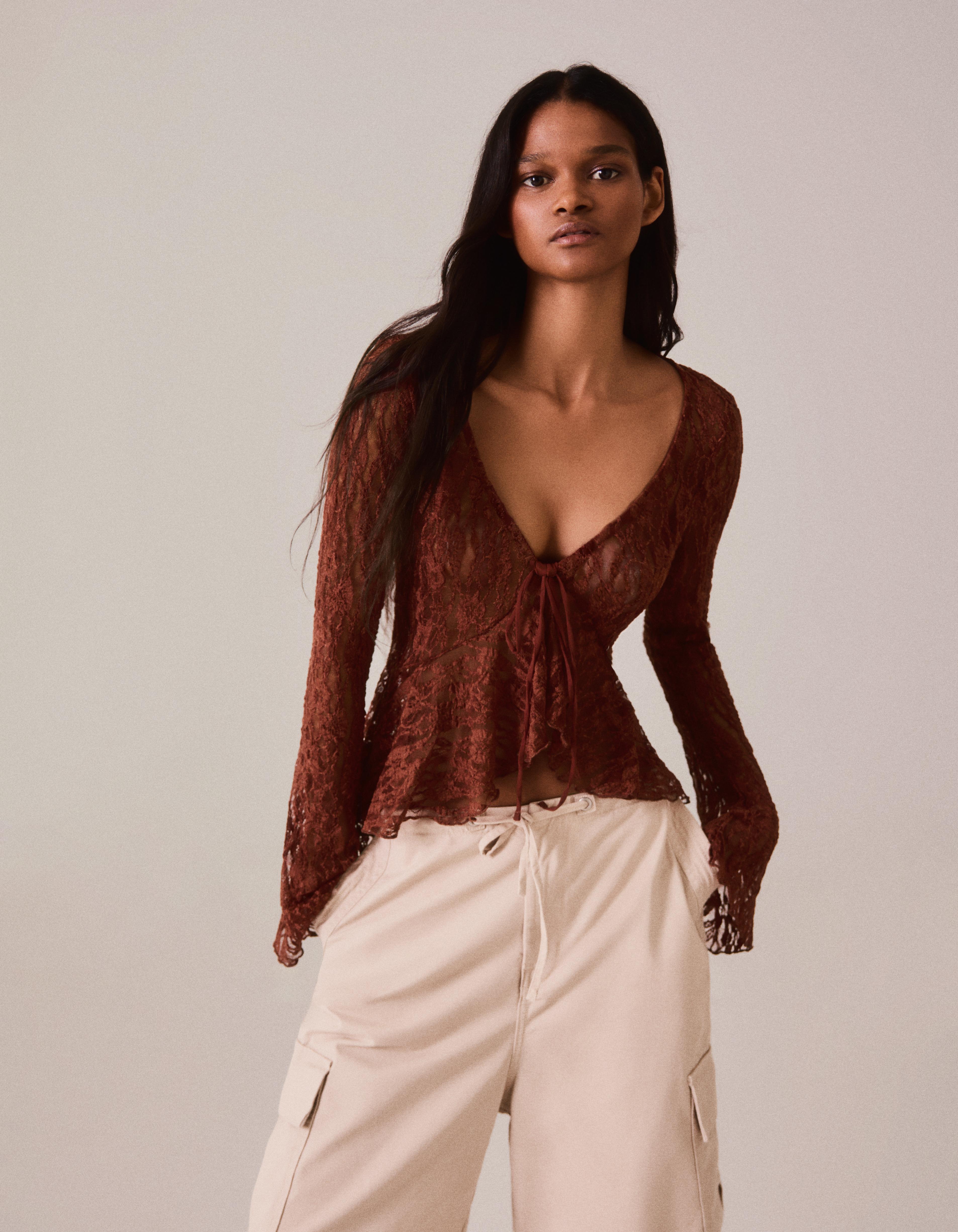 Bershka Chaqueta Encaje Volantes Mujer L Whisky
