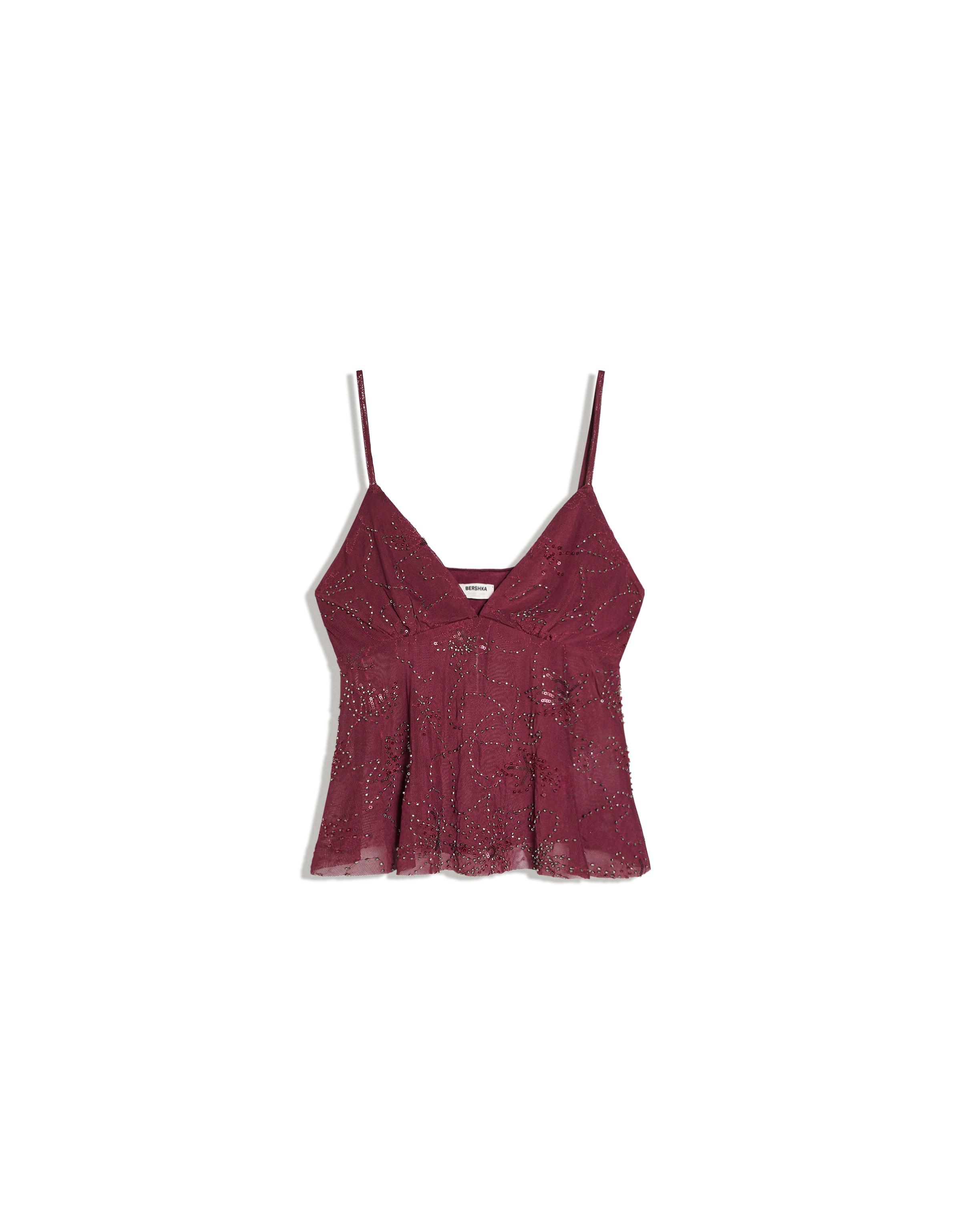 Rhinestone mesh strappy top — Burgundy