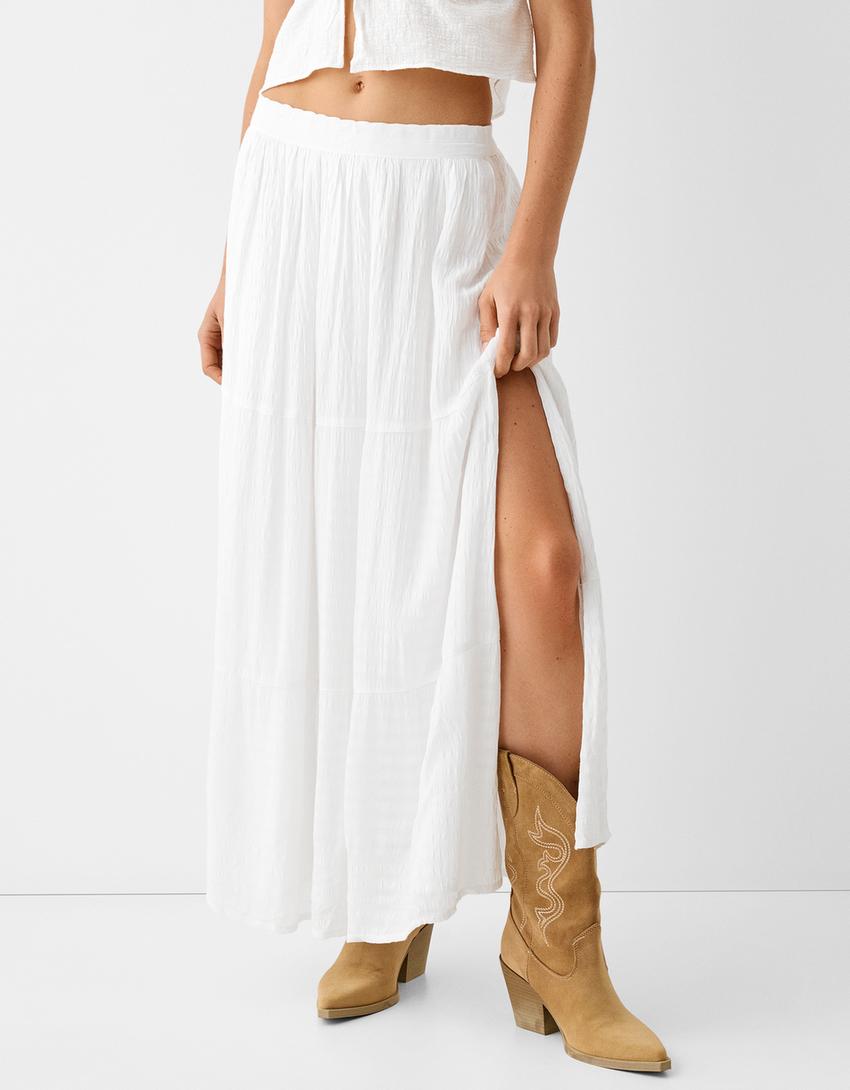 تنورة متوسطة الطول بملمس بارز-أبيض-1