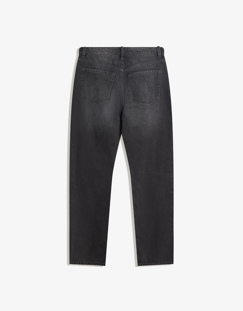 Blugi straight fit cropped rupți-Negru-4