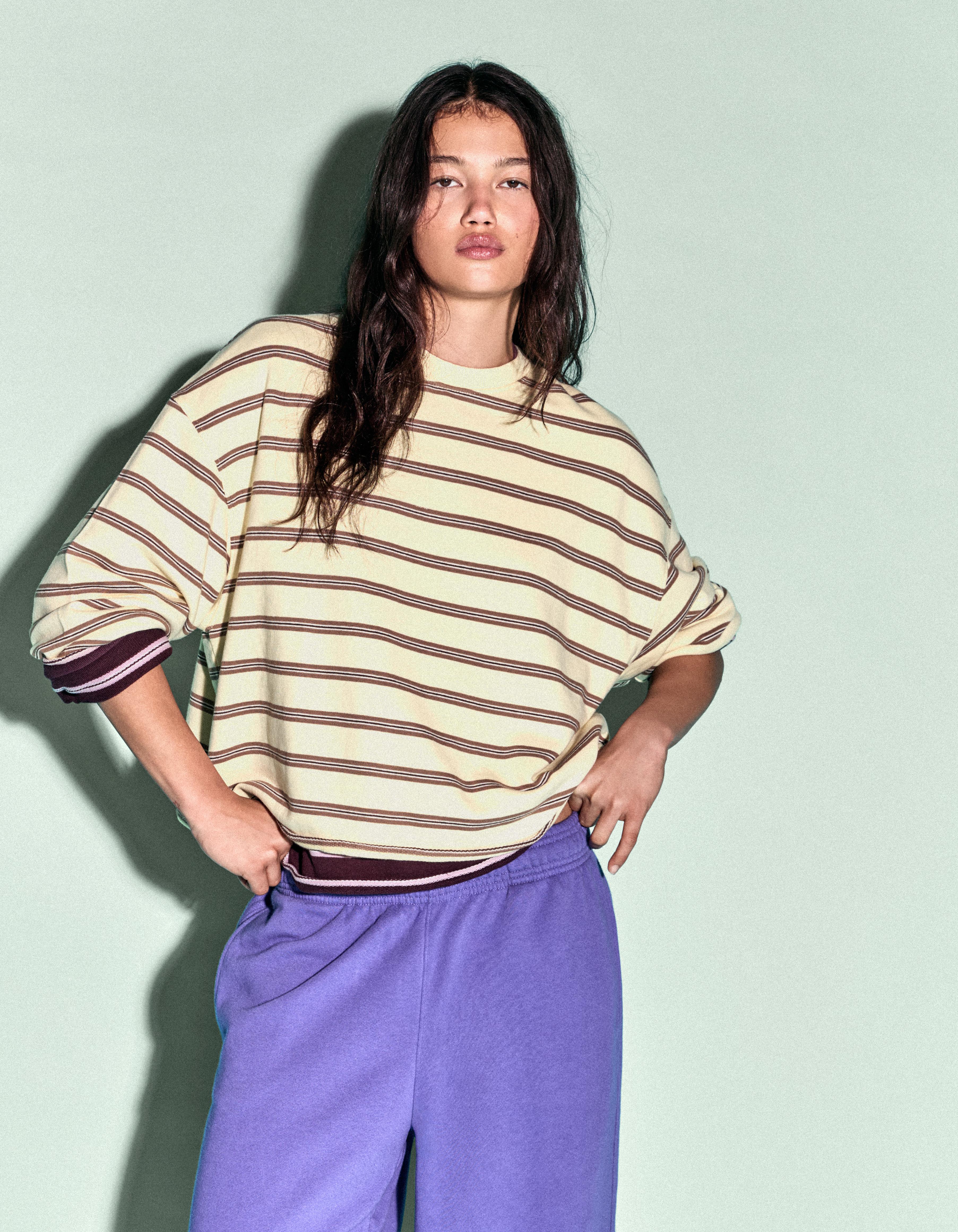 Bershka Sudadera Cuello Redondo Rayas Mujer L Amarillo