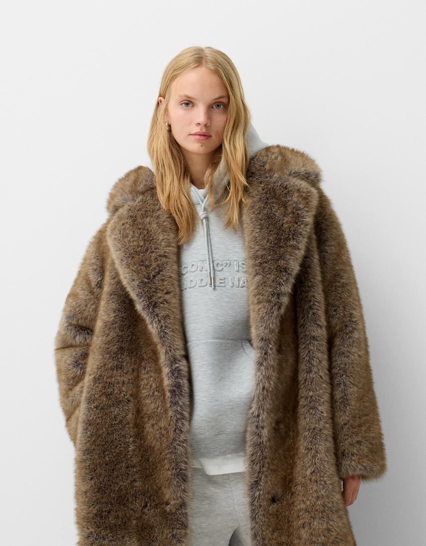Womens Kiaa Loose-Fit Long Faux Fu Coat, Chocolate, XL