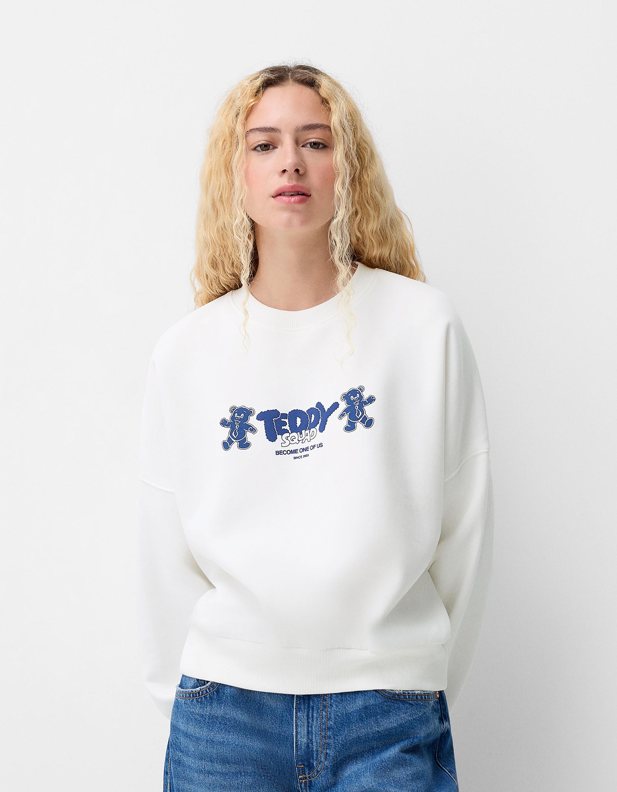 Bershka Sweatshirt Mit Print Damen 10-12 Grbrochenes Weiss