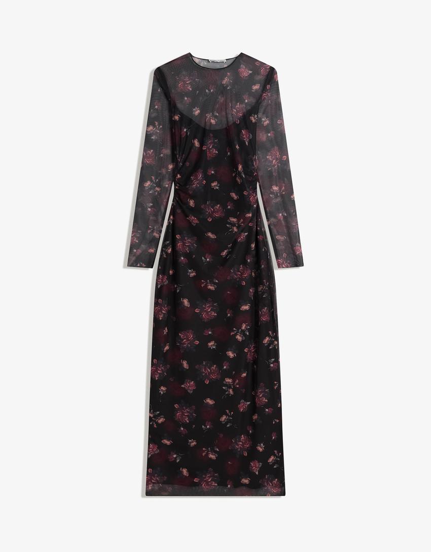 Vestido midi manga larga tul-Burdeos