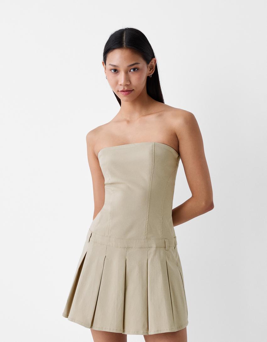 Short dress with box pleats-Sand-1