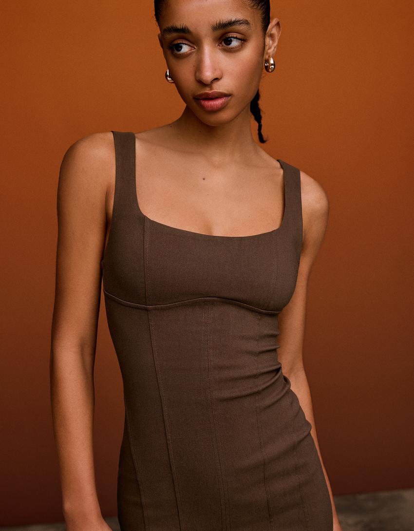 Bengaline strappy midi dress-Brown