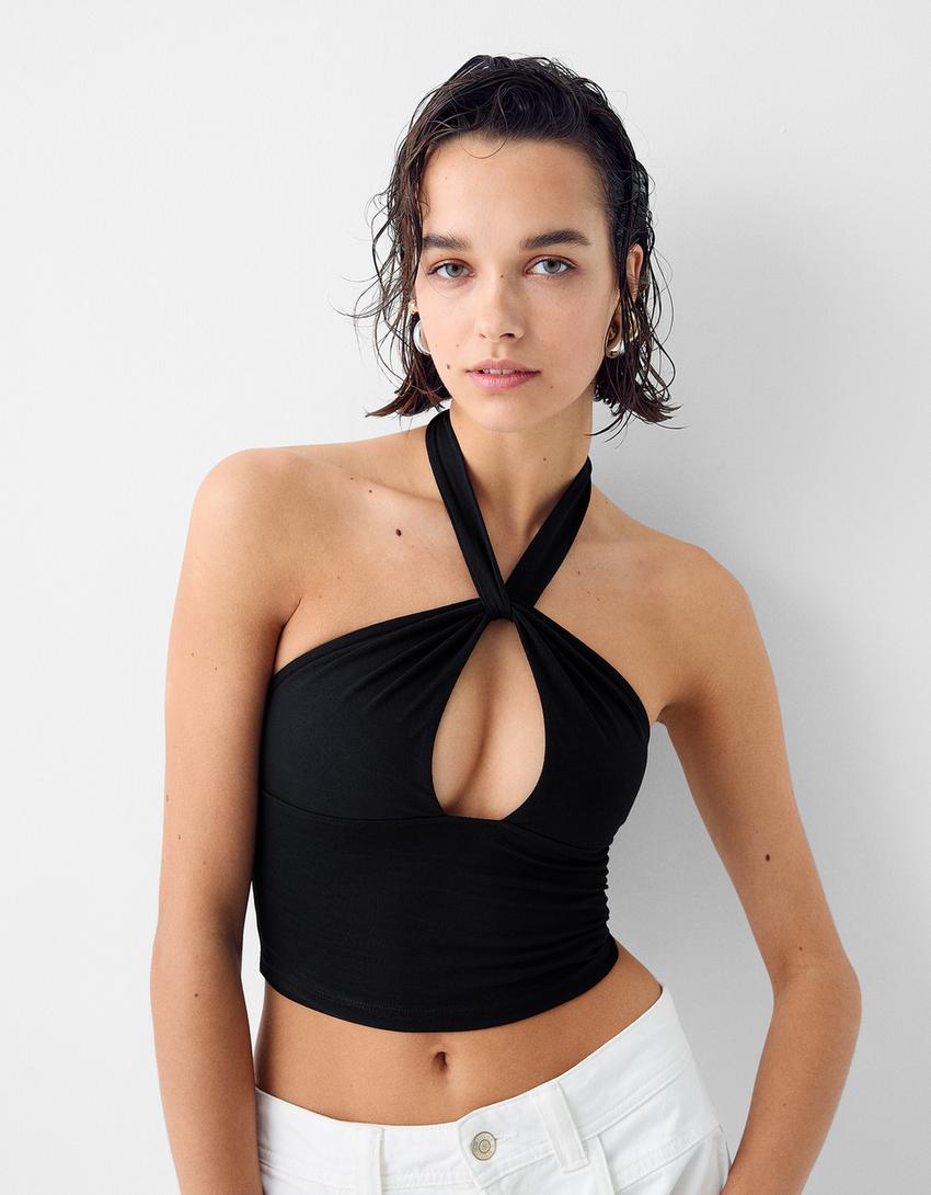 Top à encolure américaine croisée-Noir-2
