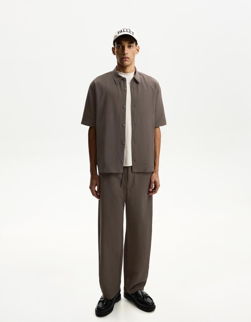 Camicia a maniche corte plissettata-Visone-3