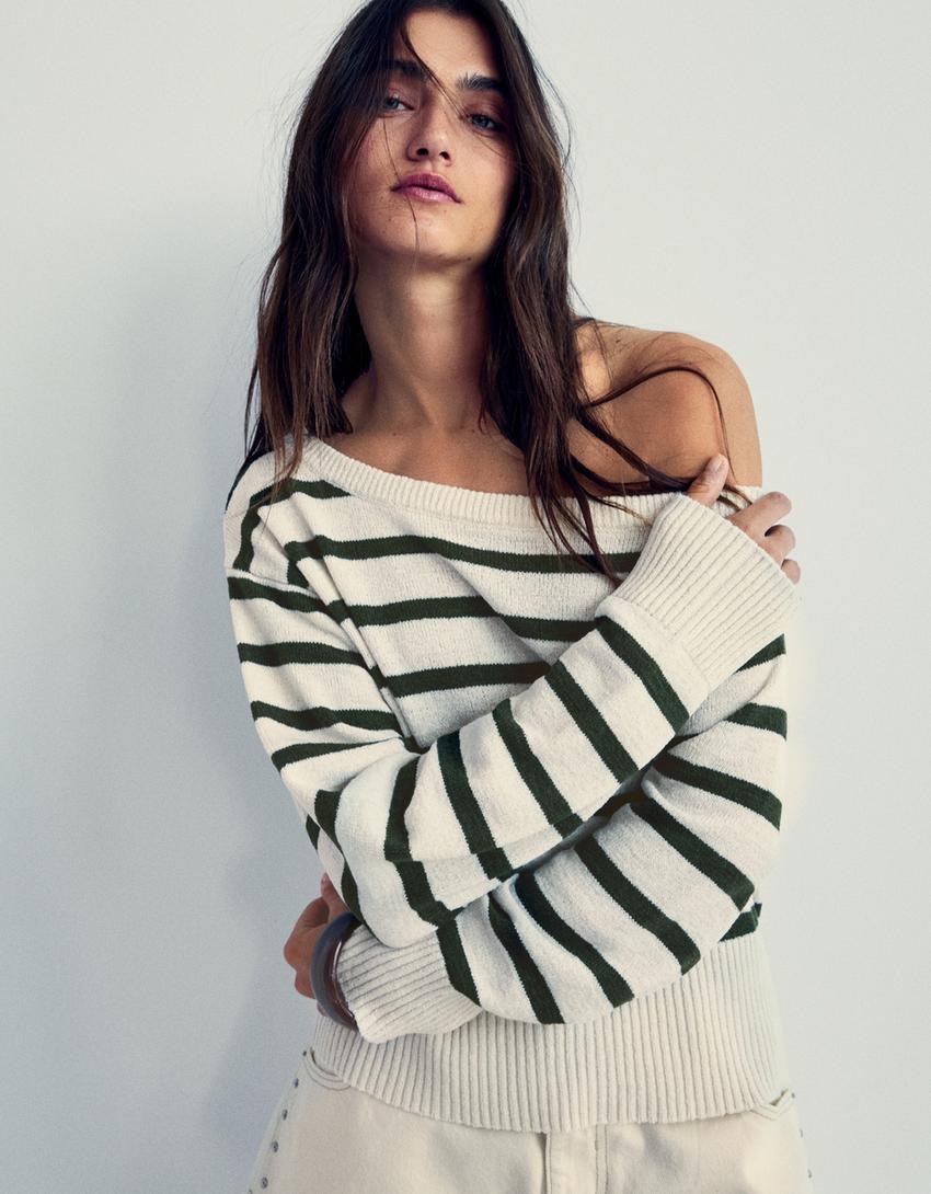 Rustic striped asymmetric sweater-Green