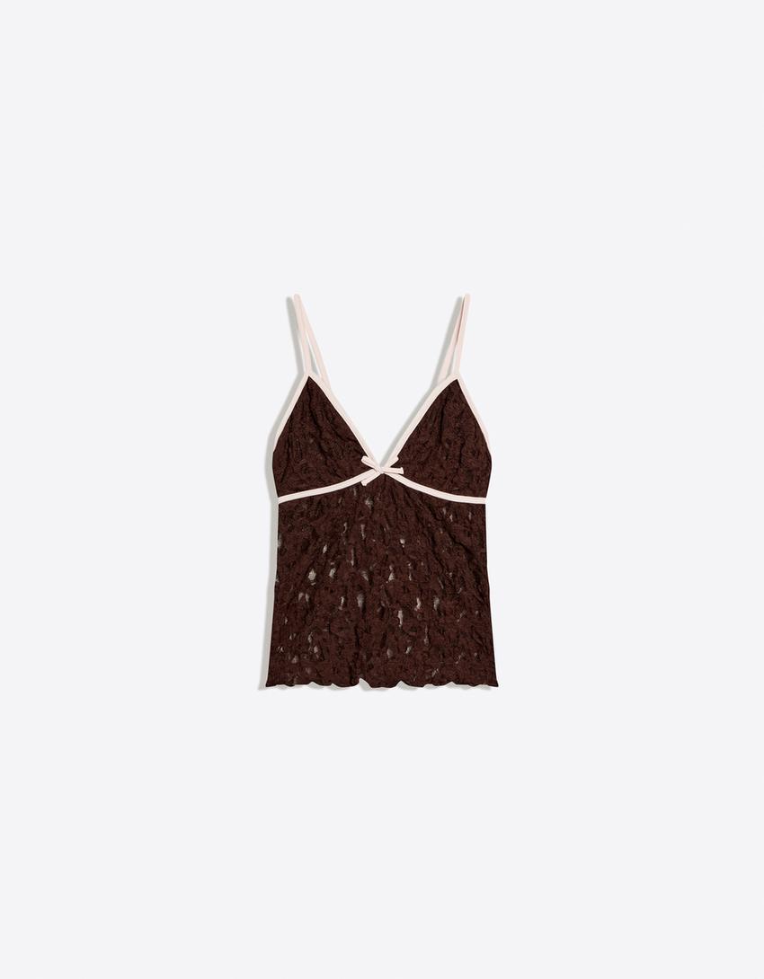 Lace bow strappy top-Brown