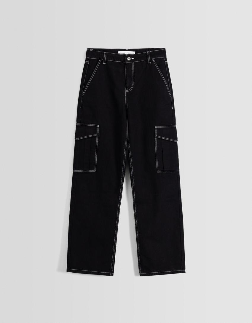 بنطال جينز كارغو بقصّة مستقيمة-أسود-4