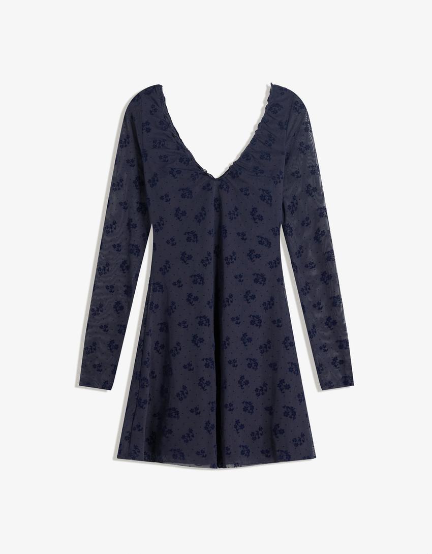 Robe mini manches longues tulle-Marine-1