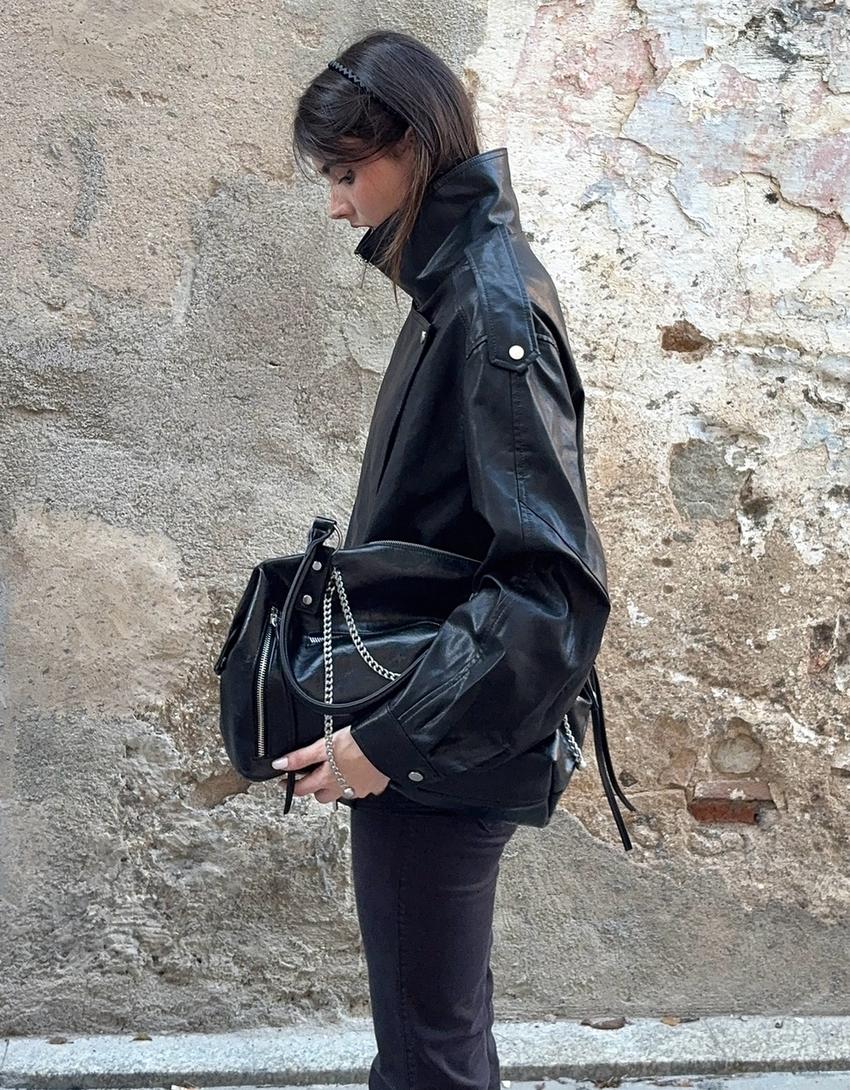 Belted leather effect jacket-Black
