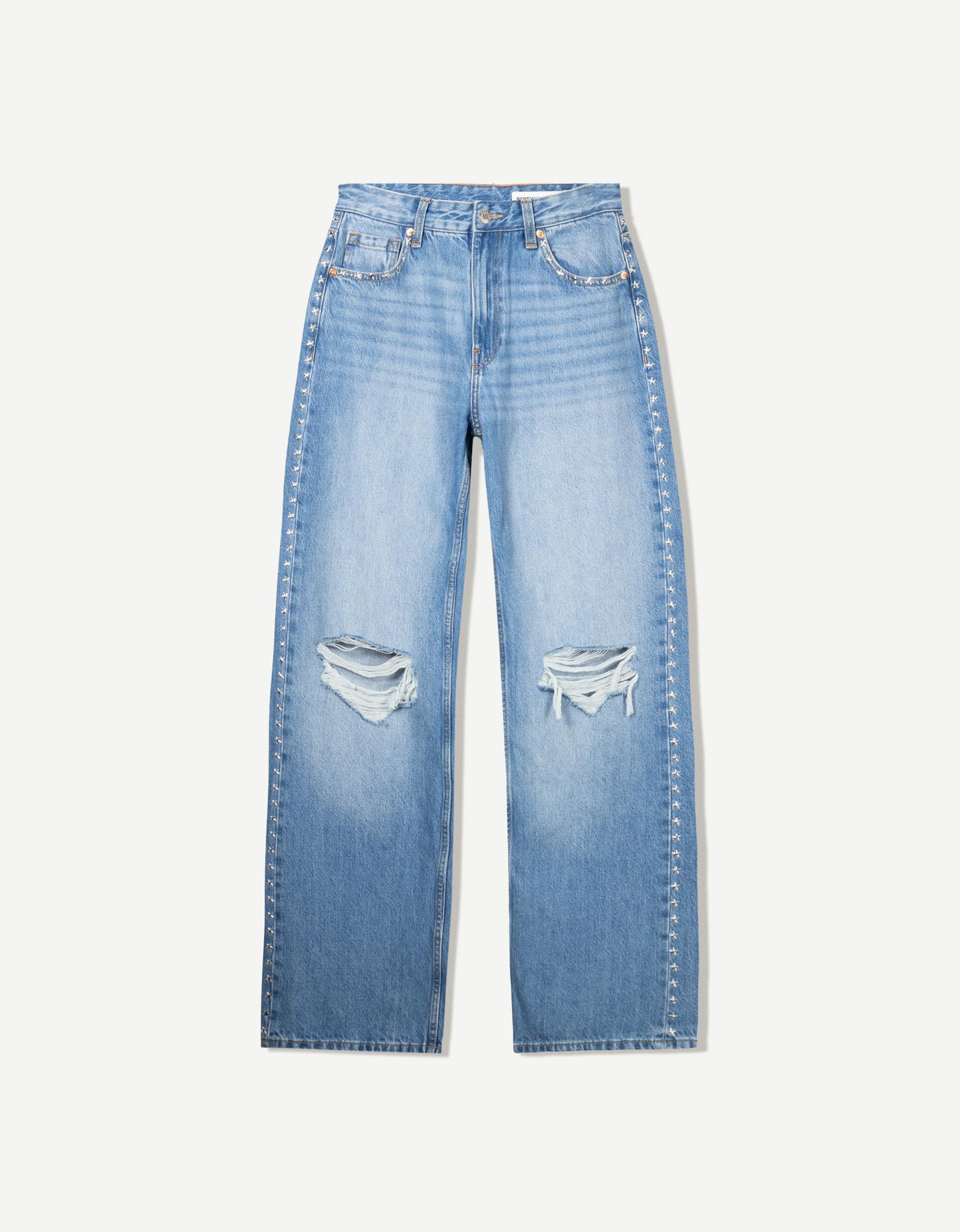 Bershka Jeans Wide Leg Rotos Tachas Mujer 10-12 Azul Lavado