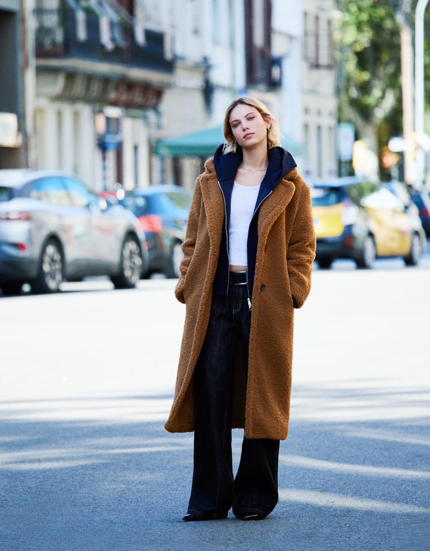 Wool Blend Bershka Camel Coat Textured Oversized Teddy Coat In