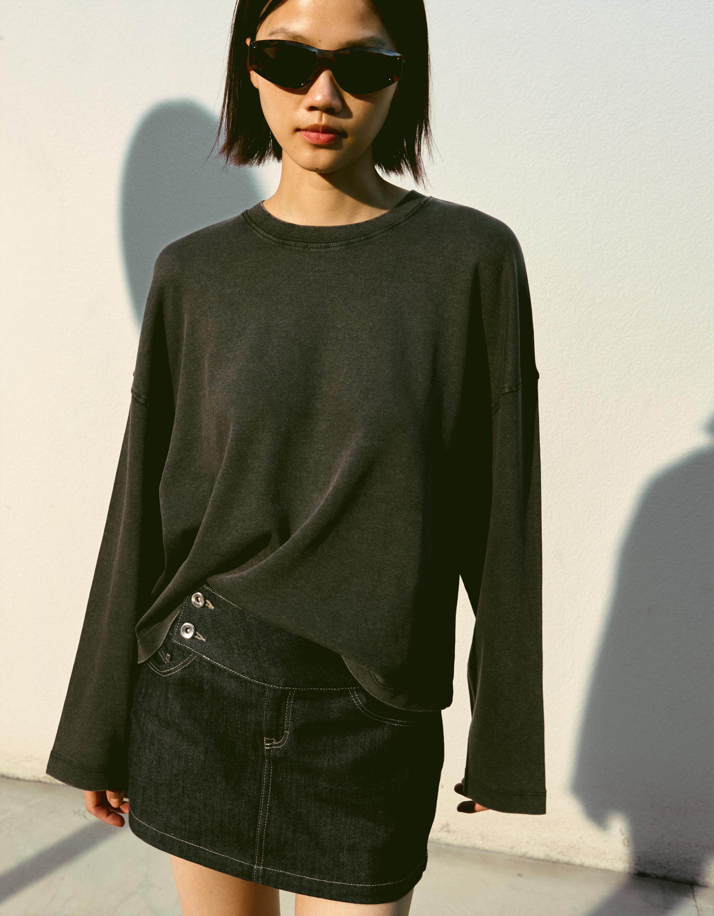 Bershka Langarmshirt Mit Print Damen L Dunkelgrau