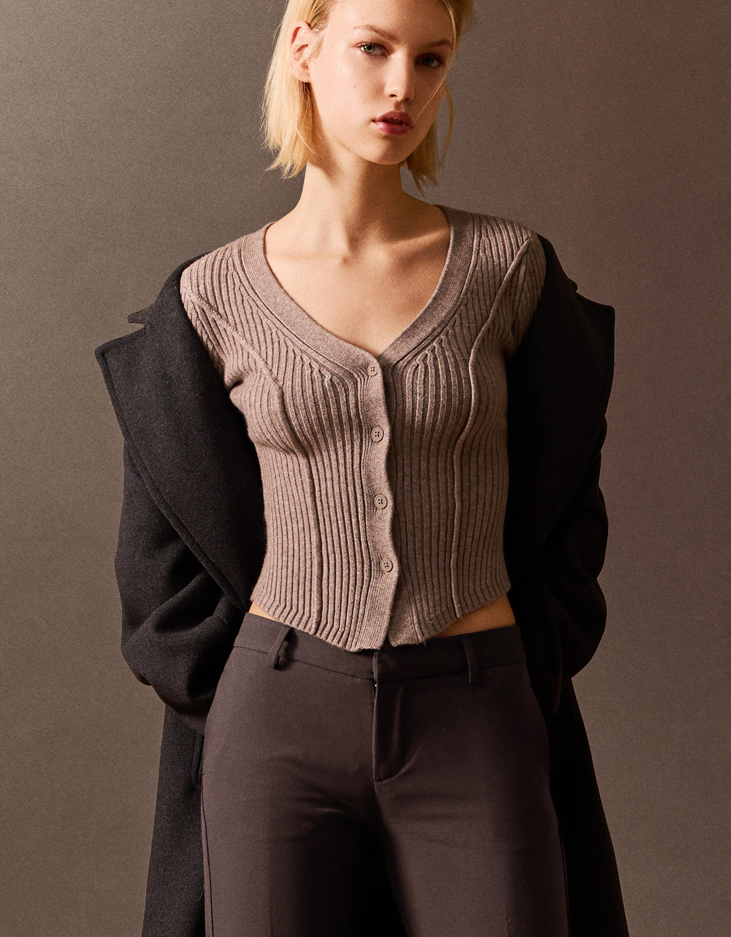Bershka Gerippter Cardigan Damen L Sandfarbe